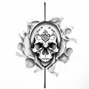 A mysterious book with a skull on the cover, open to a page with the phrase 'memento mori' written in elegant calligraphy. tattoo design idea