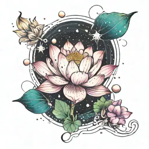 lotus flower blooming, space themed, pisces constellation tattoo design idea