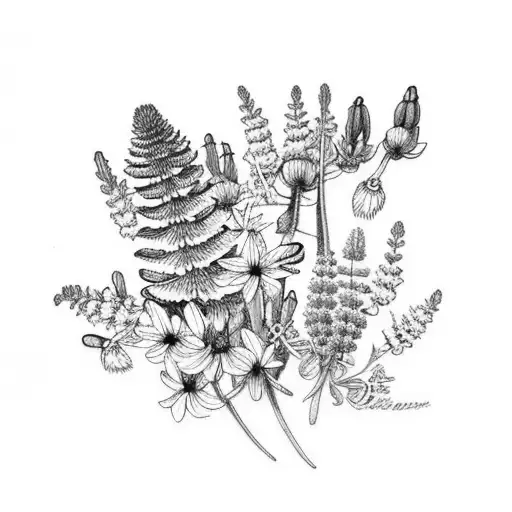 lupine, bluebonnet, sea heather and California poppies in a bouquet tattoo design idea