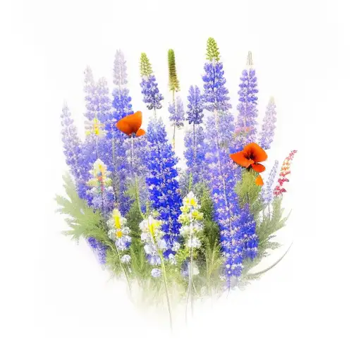 poppy, lupine, bluebonnet, and heather in a bouquet tattoo design idea