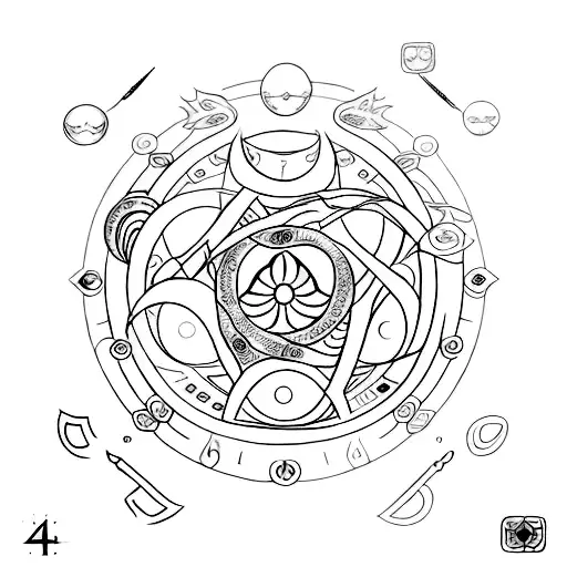 Create a tattoo of a balance scale with symbols representing different aspects of the Wheel of Time series tattoo design idea