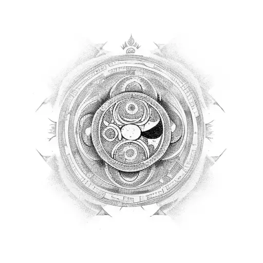 Incorporate a yin yang symbol with symbols from the Wheel of Time series in a dotwork tattoo tattoo design idea