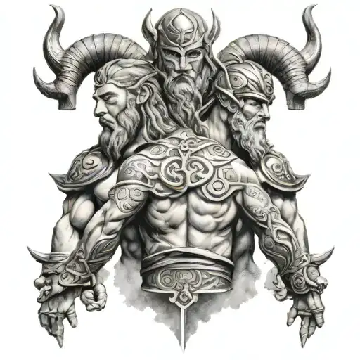 tyr Norse god and Aries Greek god back to back tattoo design idea