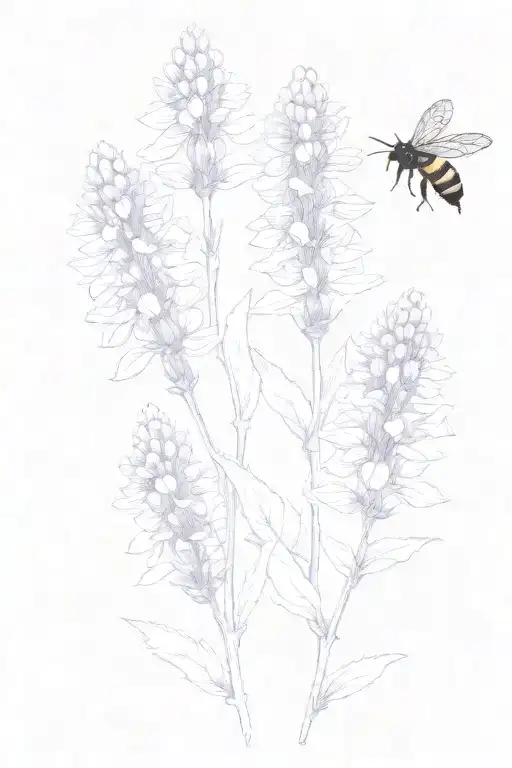 lupinis also known as bluebonnet  minimalist tiny honey bees one stem blueish purple  flowers  tattoo design idea