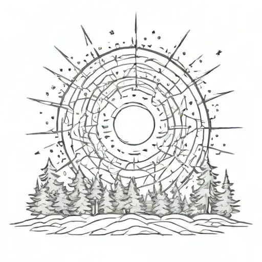 A sketch style tattoo of a supernova exploding over a forest of trees, inspired by the universe tattoo design idea
