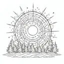A sketch style tattoo of a supernova exploding over a forest of trees, inspired by the universe tattoo design idea