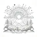 A sketch style tattoo of a supernova exploding over a forest of trees, inspired by the universe tattoo design idea