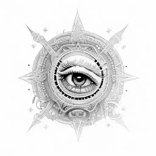 Create an intricate tattoo featuring an eye surrounded by chaotic occult symbols tattoo design idea