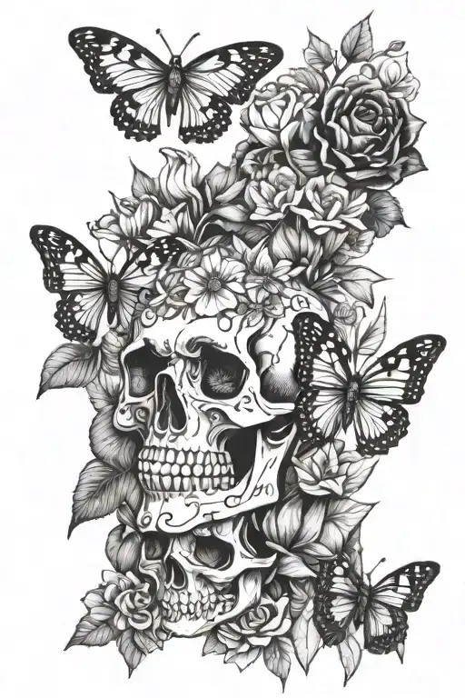 Skull with flowers and moths  tattoo design idea