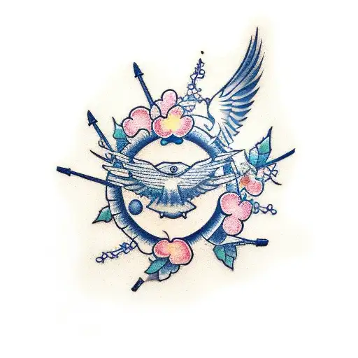 Navy Shellback, Japanese Cherry blossoms, two swallows, nautical wheel tattoo design idea