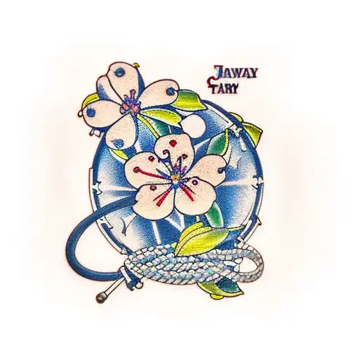 Navy Shellback, Japanese Cherry blossoms, two swallos, nautical wheel tattoo design idea