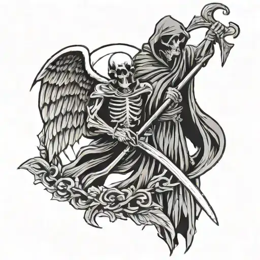 grim reaper holding a scythe with angel holding a sword tattoo design idea