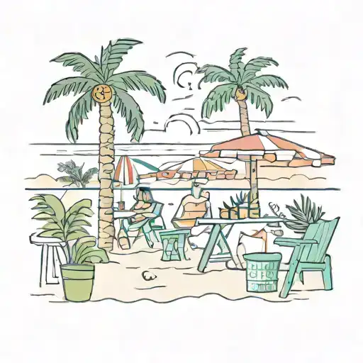 A festive beach scene with a mix of Spanish and Miami vibes tattoo design idea