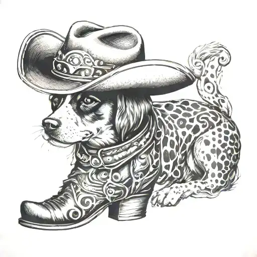 Dog wearing a cowboy hat and boots tattoo design idea