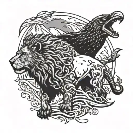 Lion, eagle, orca whale, bear standing tattoo design idea