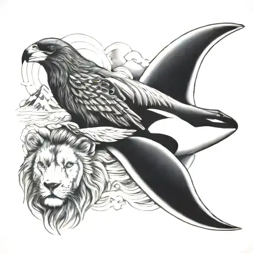 Orca whale, lion, bear, eagle flying tattoo design idea