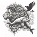 Lion, eagle, orca whale, bear standing tattoo design idea