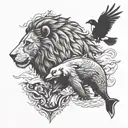 Lion, eagle, orca whale, bear standing tattoo design idea