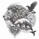 Lion, eagle, orca whale, bear standing tattoo design idea