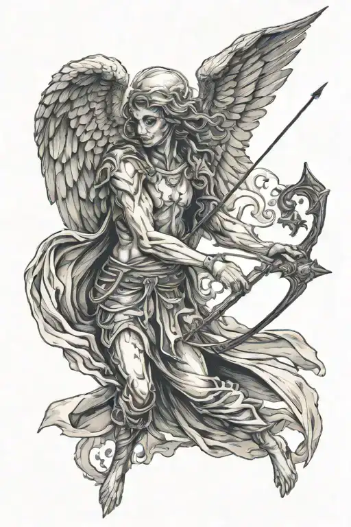 Angel of death holding a bow loaded with an arrow. The end of the arrow formed as heart. The angel is standing withwings tattoo design idea