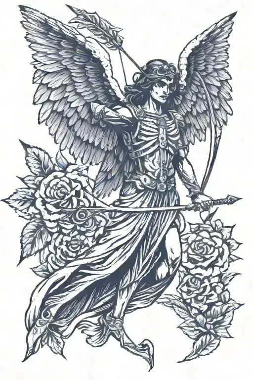 Angel of death holding a bow loaded with an arrow. The end of the arrow formed as heart. The angel is standing withwings tattoo design idea