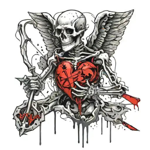 Skeleton Angel with a bow in his hands. Bow is loaded with an arrow in form of heart tattoo design idea
