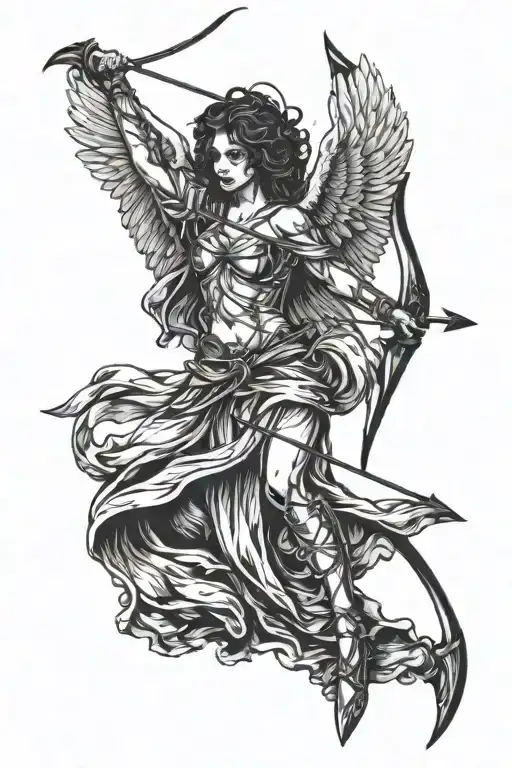 Angel of death holding a bow loaded with an arrow. The end of the arrow formed as heart. The angel is standing withwings tattoo design idea
