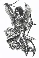 Angel of death holding a bow loaded with an arrow. The end of the arrow formed as heart. The angel is standing withwings tattoo design idea