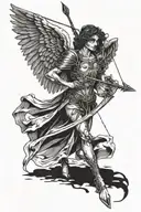 Angel of death holding a bow loaded with an arrow. The end of the arrow formed as heart. The angel is standing withwings tattoo design idea