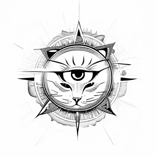 cat alongside Sun and Moon with the all seeing eye. Wicca and Virgo mysterious themed  tattoo design idea
