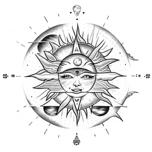 Sun and Moon along with the all seeing eye. Wicca and Virgo mysterious themed  tattoo design idea