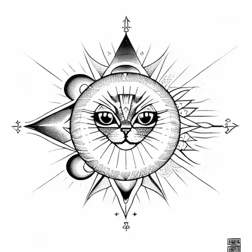 cat alongside Sun and Moon with the all seeing eye. Wicca and Virgo mysterious themed  tattoo design idea