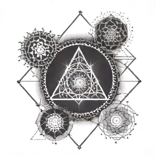 A tattoo design of the seven chakras, each enclosed within a geometric shape like circles or diamonds, rendered with fin tattoo design idea