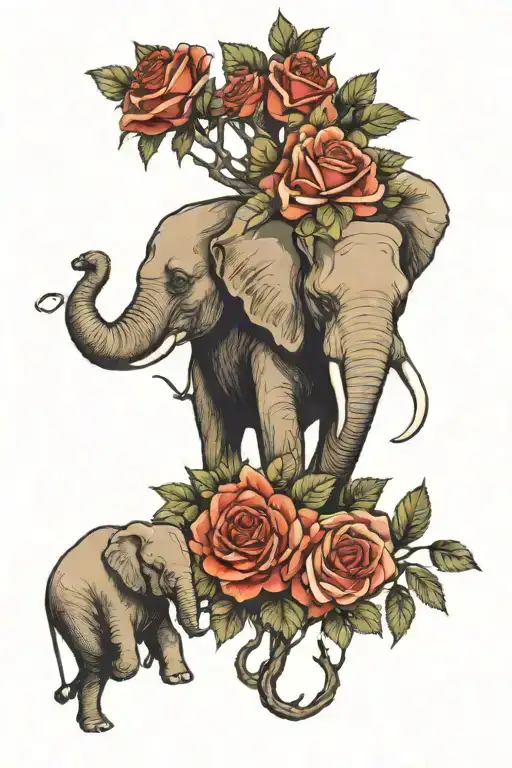 roses and elephant and forest scene tattoo design idea