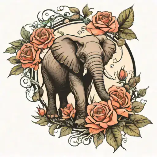 roses elephant forest scene with hidden animals  tattoo design idea