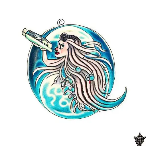 dreadlock merman under moon tattoo design idea