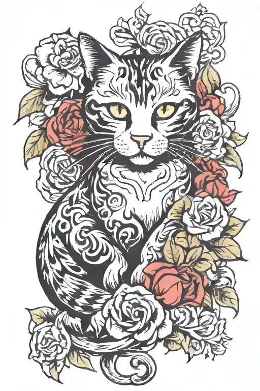 cat with flowers intertwined representing eternal love   tattoo design idea