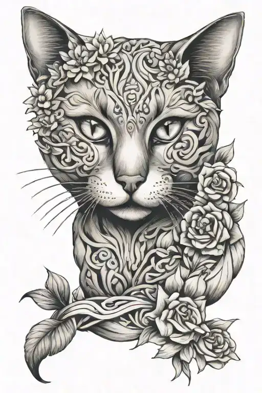 cat with flowers intertwined representing eternal love   tattoo design idea