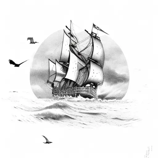 A majestic longship sailing through stormy seas with ravens perched on its mast tattoo design idea