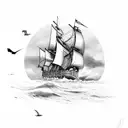 A majestic longship sailing through stormy seas with ravens perched on its mast tattoo design idea