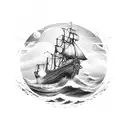 A majestic longship sailing through stormy seas with ravens perched on its mast tattoo design idea