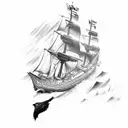 A majestic longship sailing through stormy seas with ravens perched on its mast tattoo design idea