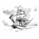 A majestic longship sailing through stormy seas with ravens perched on its mast tattoo design idea