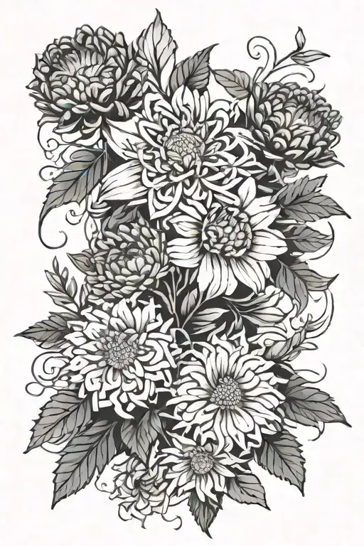 A beautiful bouquet of aster, carnation, and daisy flowers intertwined with vines and leaves, symbolizing the beauty and resilience of nature tattoo design idea