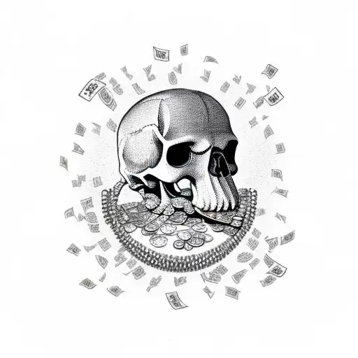 A skull of dog with money in mounth and crossbones made of trading graphic candles tattoo design idea