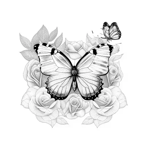 butterfly with roses with the names Eline and Esmee tattoo design idea