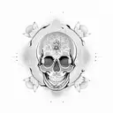 skull mandala with fire behind and flowers tattoo design idea