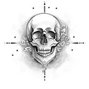 skull mandala with fire behind and flowers tattoo design idea