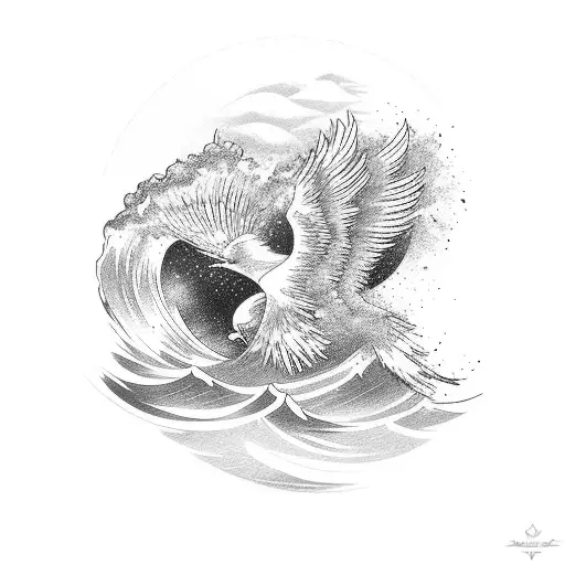 Wave breaking with a soaring eagle riding it tattoo design idea