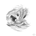 Wave breaking with a soaring eagle riding it tattoo design idea